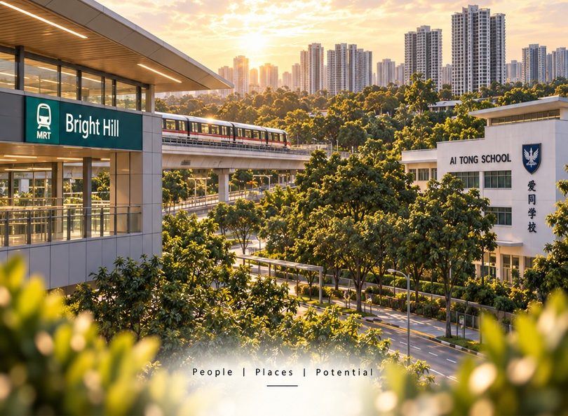 Bright Hill MRT station on the Thomson-East Coast Line, planned as a future interchange with the Cross Island Line, with Ai Tong School nearby