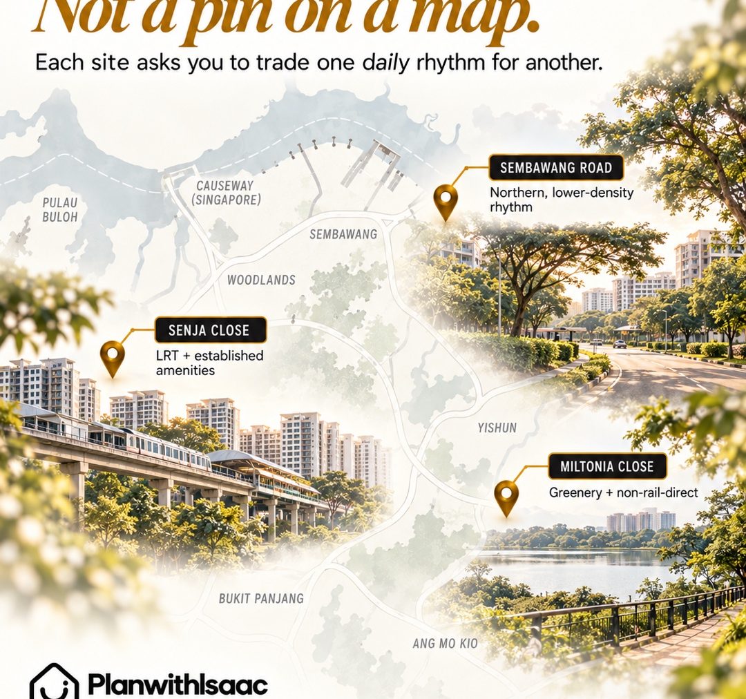 Map showing Sembawang Road, Senja Close and Miltonia Close with their different neighbourhood characters