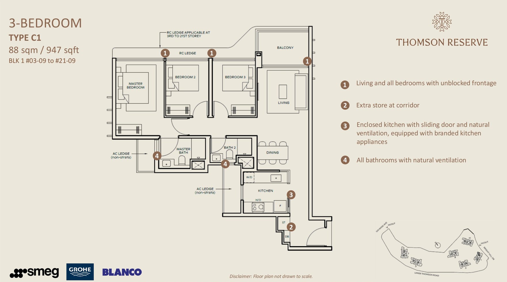3 Bedroom · Type C1 floor plan